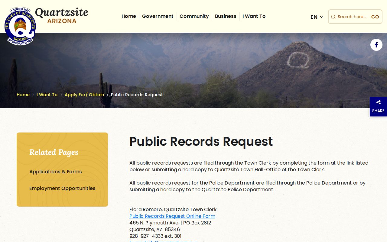Quartzsite criminal history public records request contacts