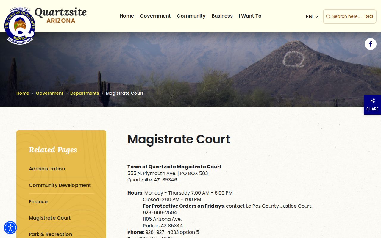 Quartzsite Magistrate Court criminal records and office hours