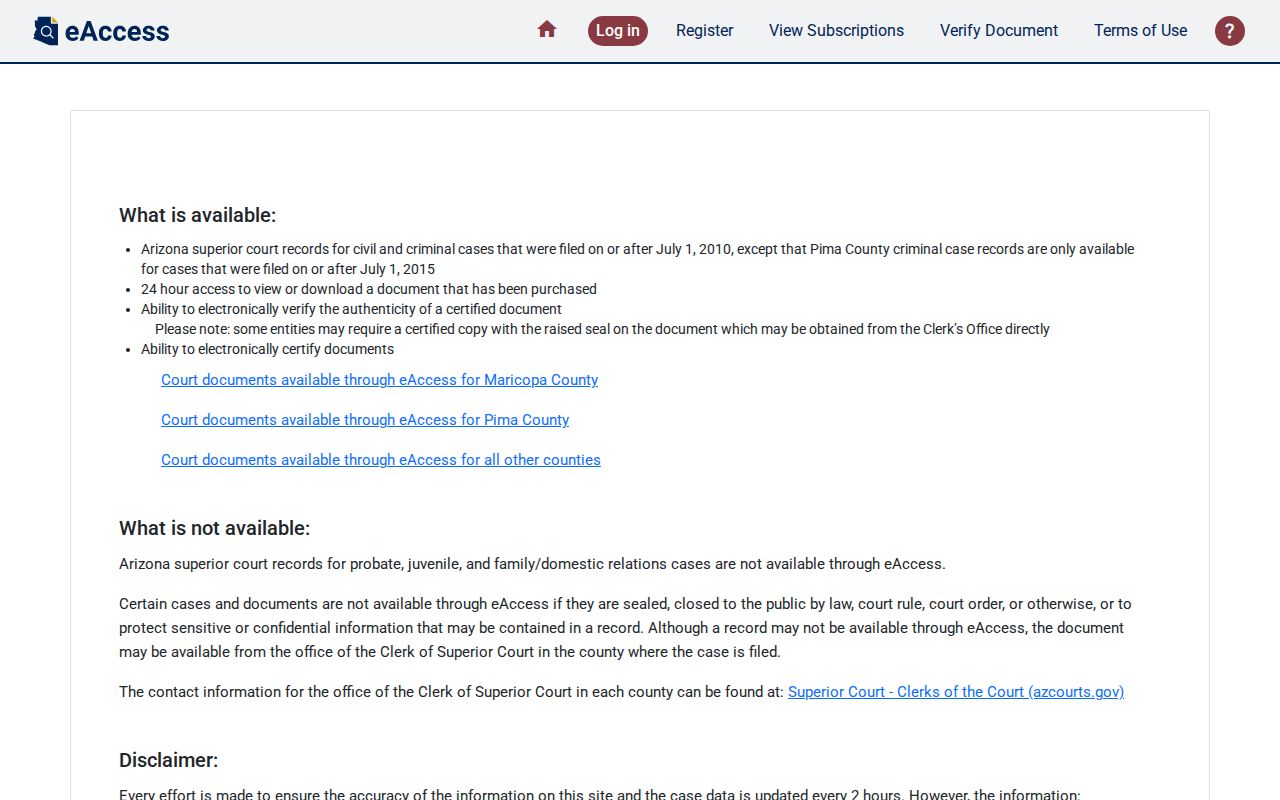 Arizona eAccess portal for La Paz County Superior Court criminal case documents