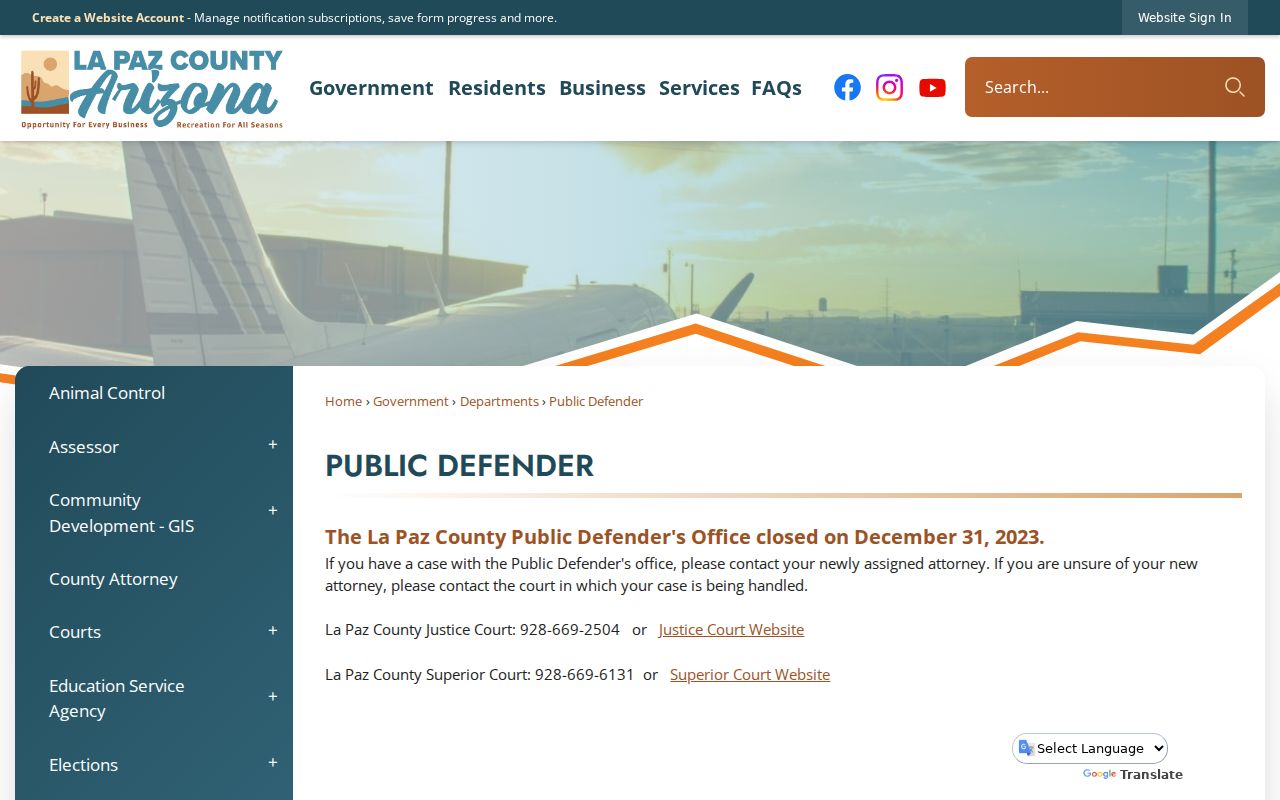 La Paz County criminal history public defender closure notice